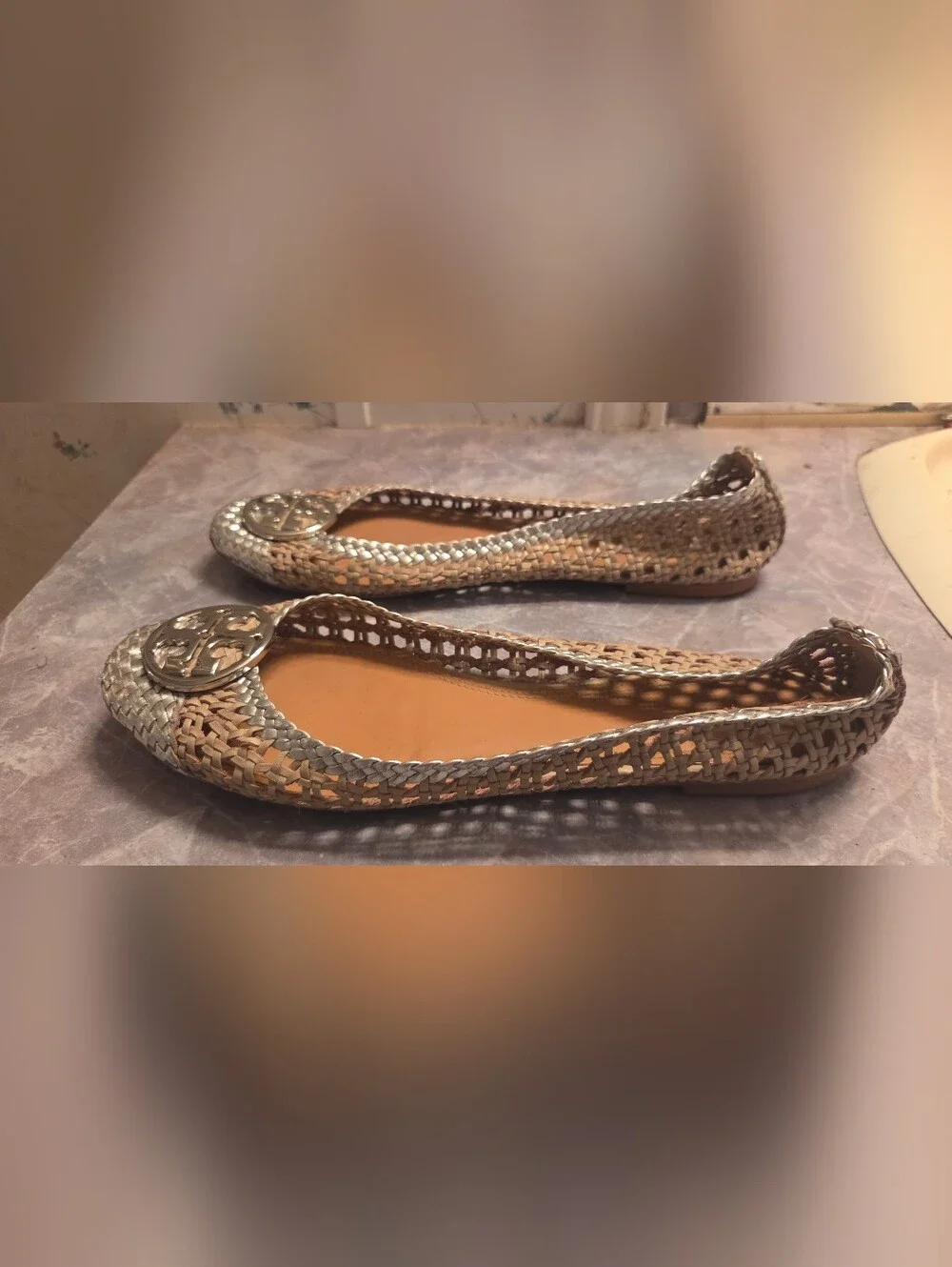 Tory Burch Silver & Tan Woven Ballet Flats